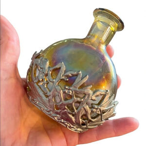 Vintage Iridescent Glass Perfume Bottle Metal Encased Fireflies